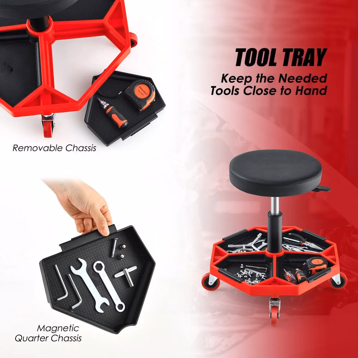 Costway Rolling Mechanic Stool with 360 Swivel and Height Adjustment, Red – 4