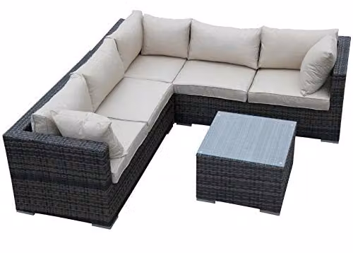Chusstang 6 Seater Rattan Garden Furniture Set in Mix Brown with Cushions, including L-Shape Corner Sofa, 3-Seater Sofa and Coffee Table – 3