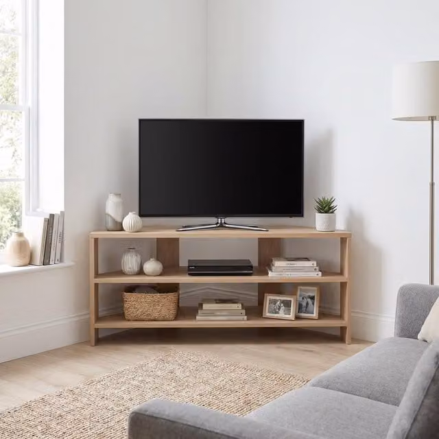 FWStyle Modern Oak Corner TV Unit with Two Tier Shelving, Brown, W/D/H: 110 x 45 x 36 cm