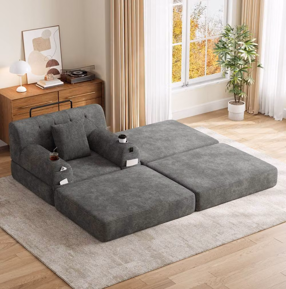 STILVORA Modern Grey Fabric Sofa Bed with Metal Frame and Cup Holders – 2
