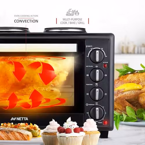 NETTA 45L Mini Oven with Double Hotplate and Electric Grill in Black – 5