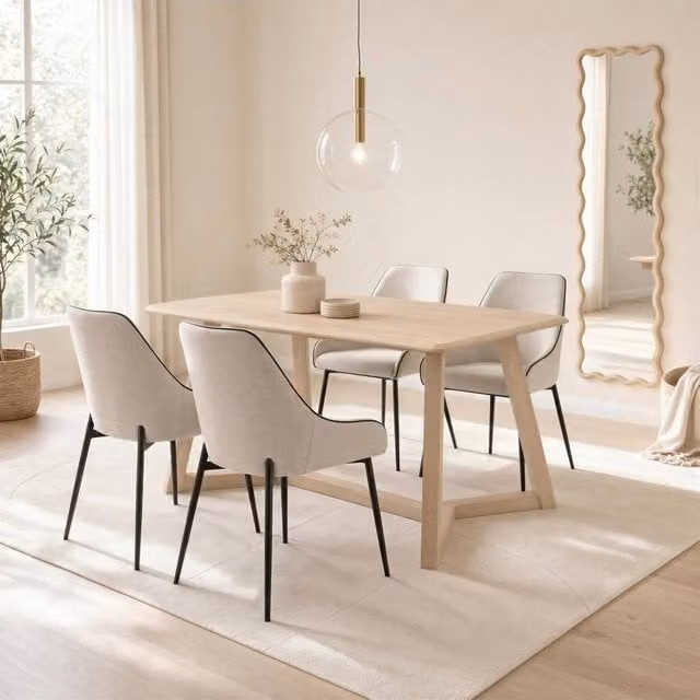 FurnitureboxUK Lulworth Whitewashed Wood Rectangular Dining Table and 4 Cream Beaumont Chairs