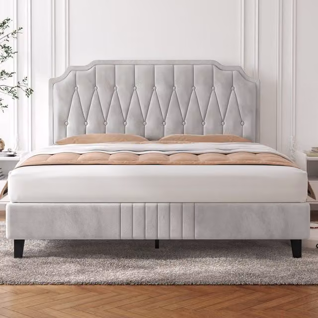 Yaheetech Art Deco Upholstered Bed Frame in Beige Fabric, W/D/H: 140 x 200 cm