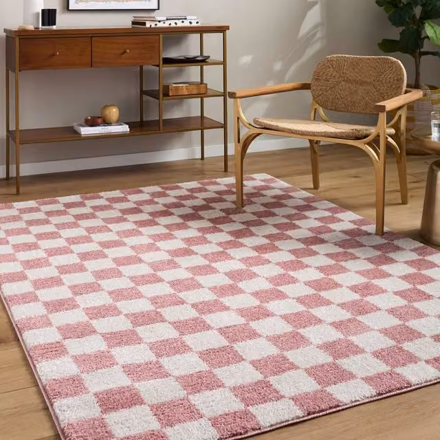 Livabliss Fossay Shag Washable Checked Rug in Pink, W: 200 cm, D: 275 cm