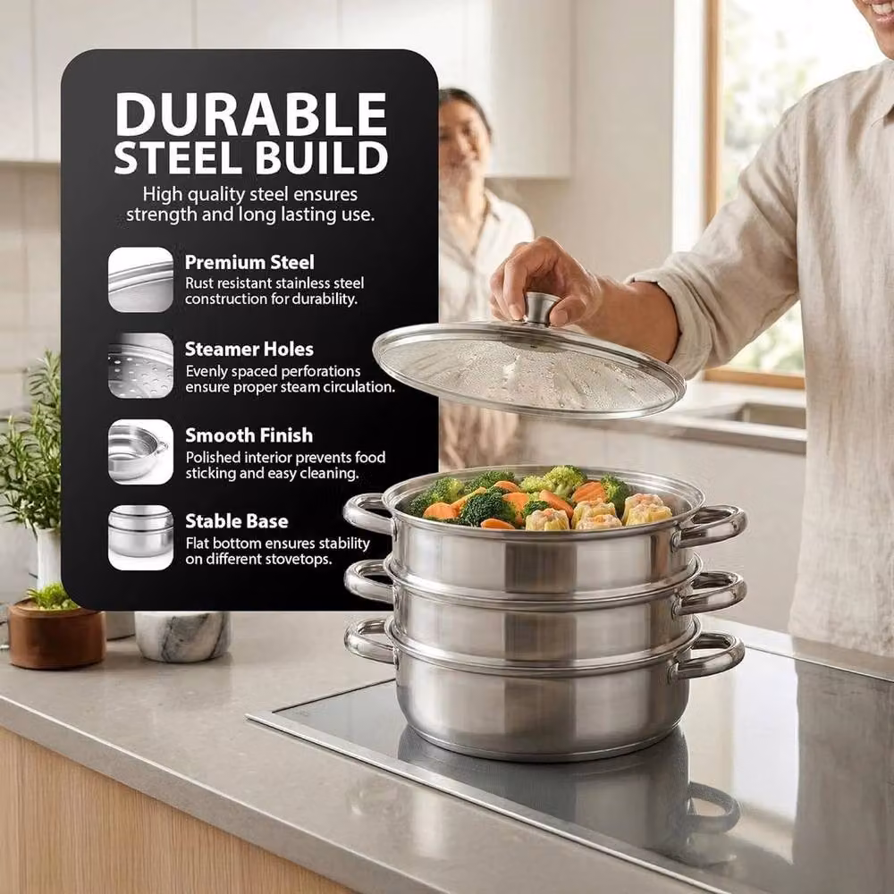 Kelvenix 3 Tier Stainless Steel Steamer Pan with Glass Lid, Silver – 3