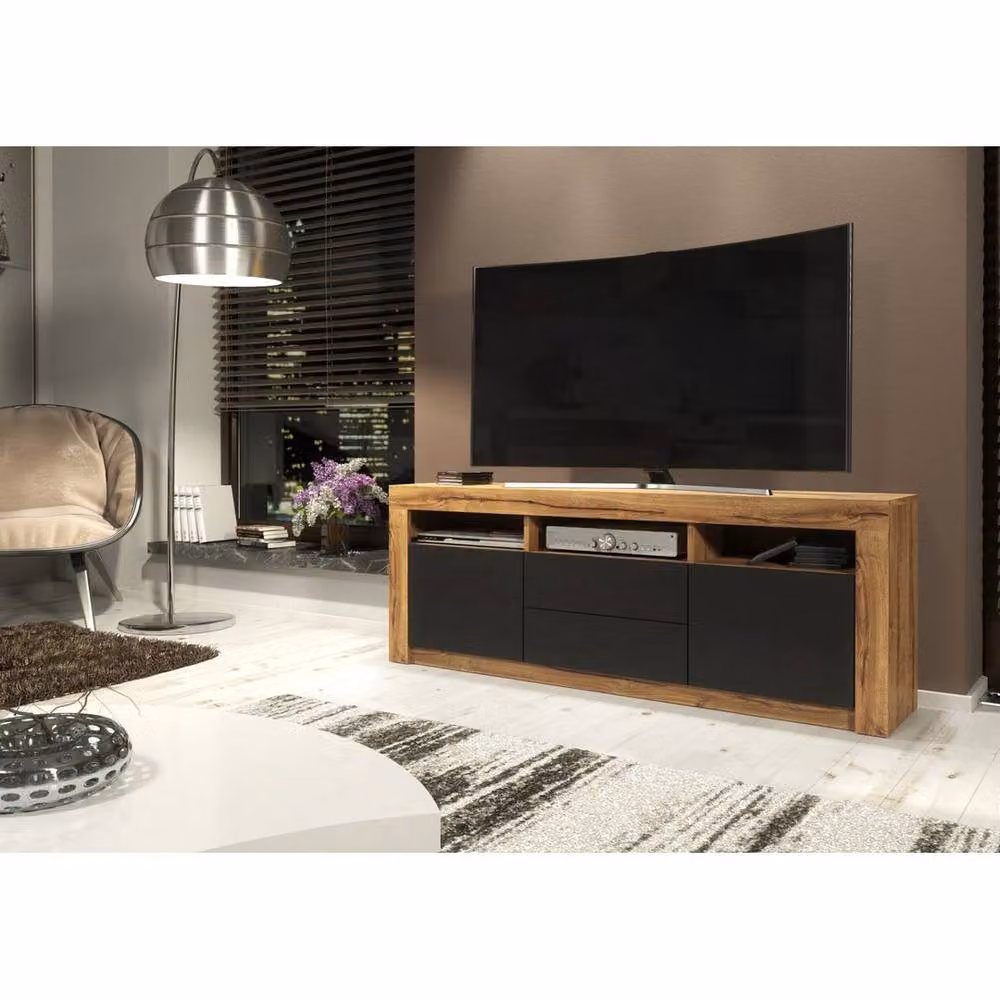 FORGEVIO Modern Oak Wood TV Unit and Sideboard Cabinet in Brown and Black – 4