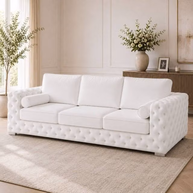 Stratus Interiors Ashley Luxury Chesterfield 3 Seater Fabric Upholstered Sofa in White, W: 203.2 cm, H: 76.0 cm, D: 67.0 cm