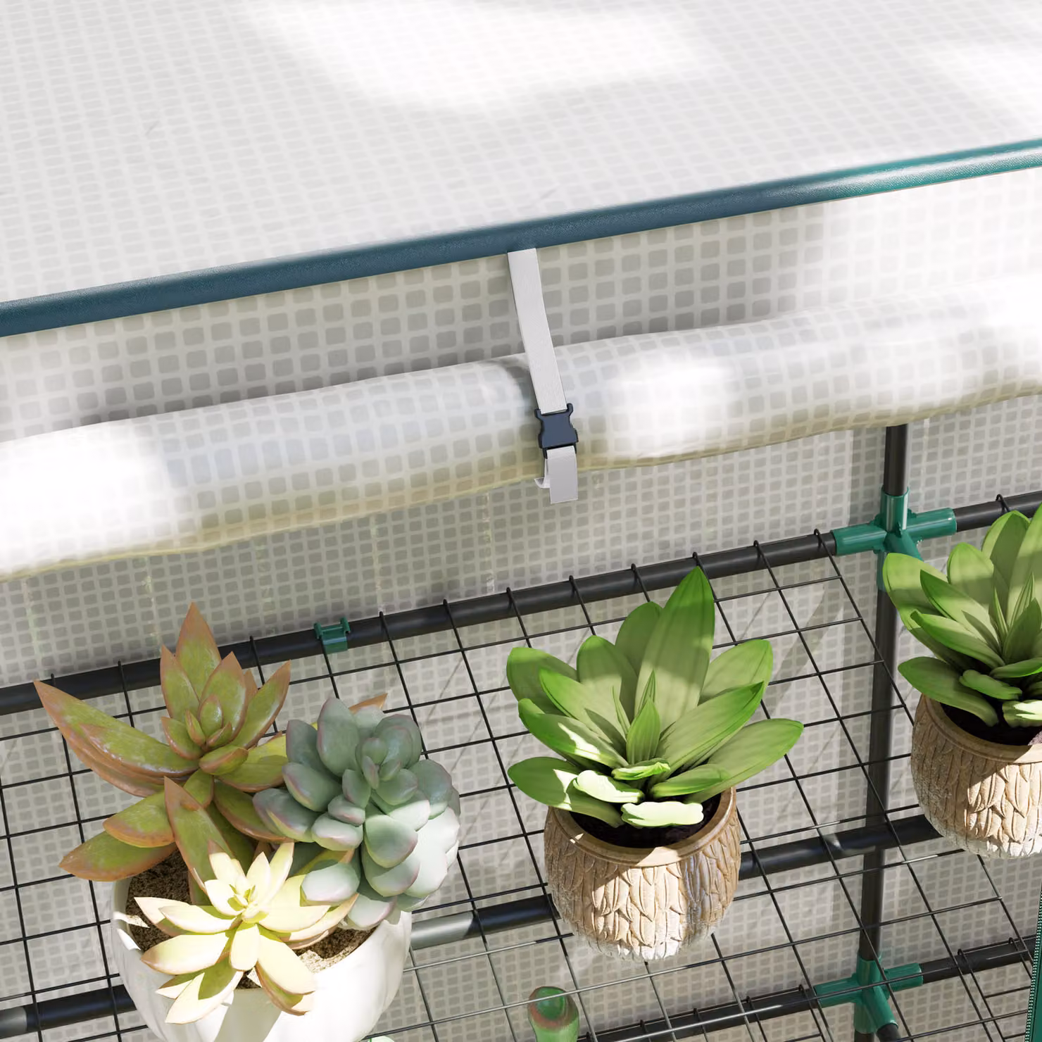Outsunny Three-Tier Mini Greenhouse in White with Steel Frame and Plastic Shelving, H 152 cm x W 144 cm x D 48 cm – 6