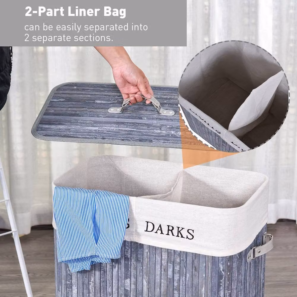 STILVORA Grey Laundry Hamper with 2 Sections, Lid, and Removable Fabric Bags – 4
