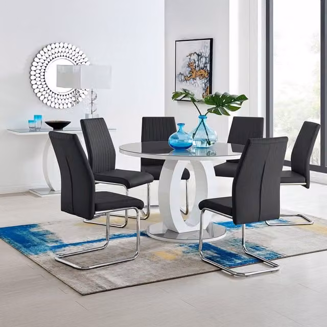 FurnitureboxUK Giovani Round Grey Glass Dining Table with 6 Black Lorenzo Chairs, Diameter: 120 cm