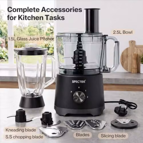 Spector Food Processor 1500W with 2.5L Bowl and 1.5L Glass Jug, Black – 8