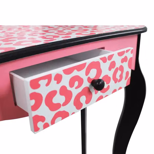 Teamson Kids Leopard Print Wooden 2-Piece Play Vanity Set with Tri-Fold Mirror, Storage Drawer and Matching Stool, Black and Pink – 6
