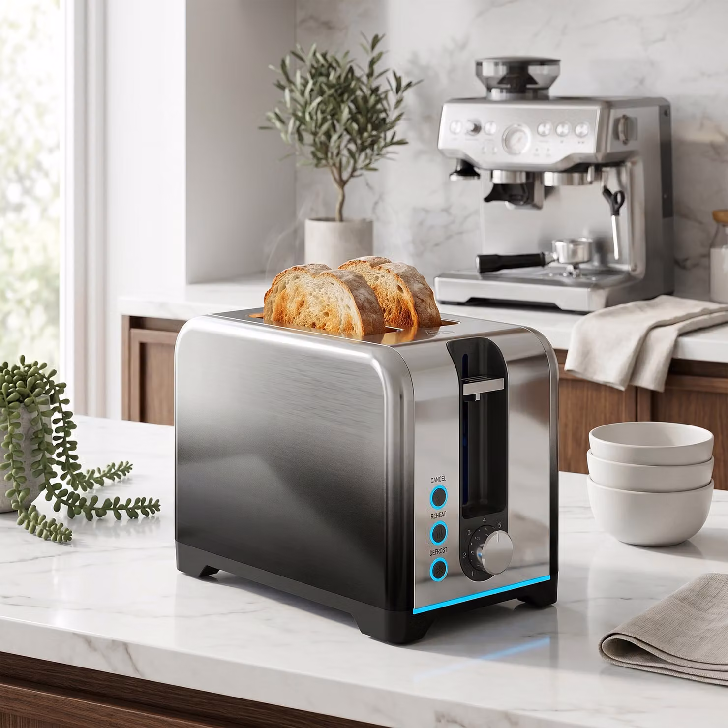 HOMCOM 2 Slice Stainless Steel Toaster in Silver with 7 Browning Levels, Reheat, Defrost and Cancel Functions – 8