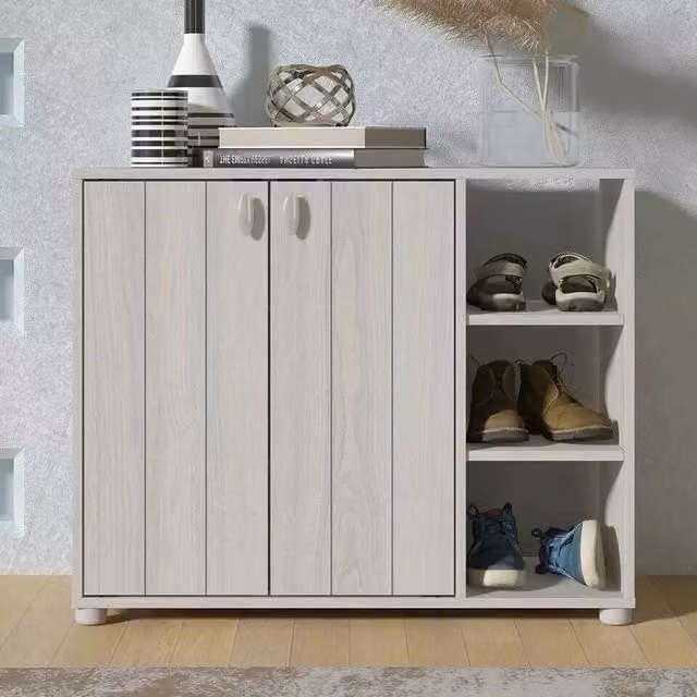 FORGEVIO Compact Modern Shoe Cabinet in Warm Grey Oak with Hinged Doors and Internal Shelves – 1