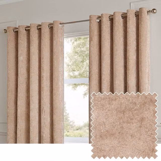 Paoletti Lustre Velvet Eyelet Curtain Pair in Beige, Width: 117 cm, Drop: 183 cm – 1