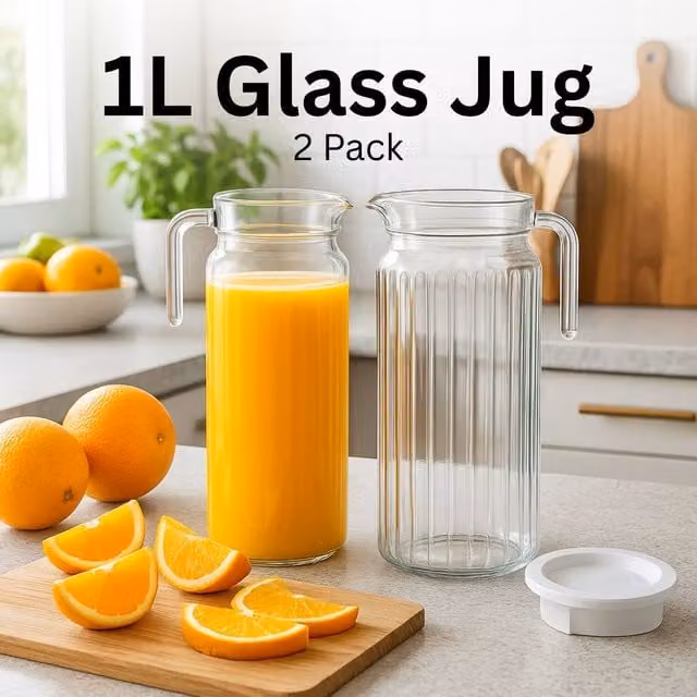 Volila 2 Pack Clear Glass Fridge Juice Jugs with Lid, 1 l each