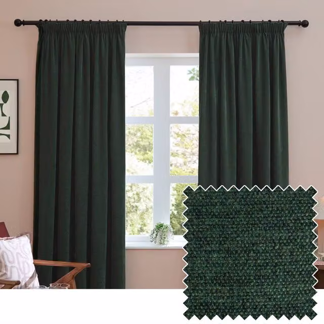 Furn Soft Chenille Blackout Pencil Pleat Curtain Pair in Bottle Green, Width: 168 cm, Drop: 229 cm – 1