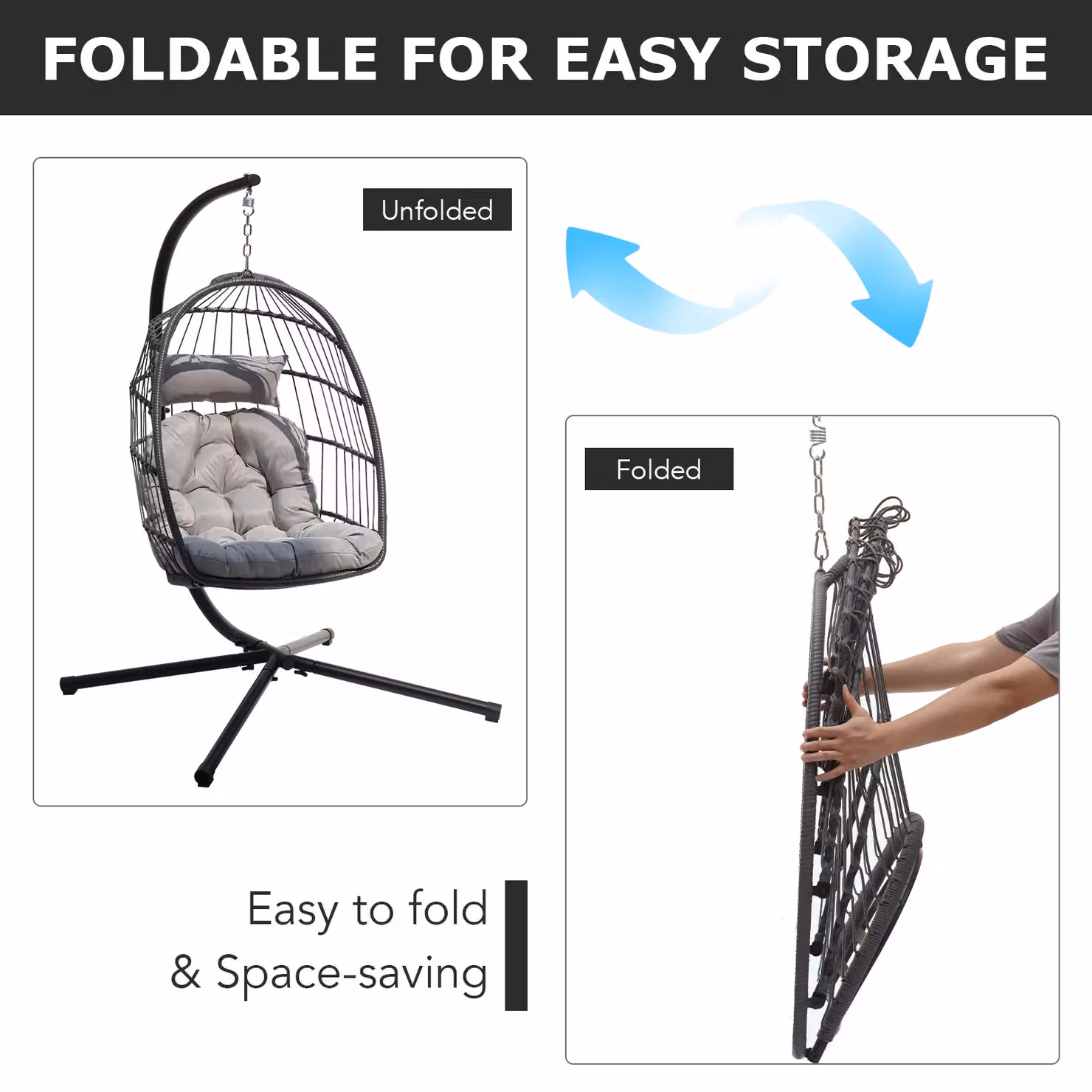 Leaper Foldable Hanging Egg Chair Swing Chair with Stand in Grey – 6