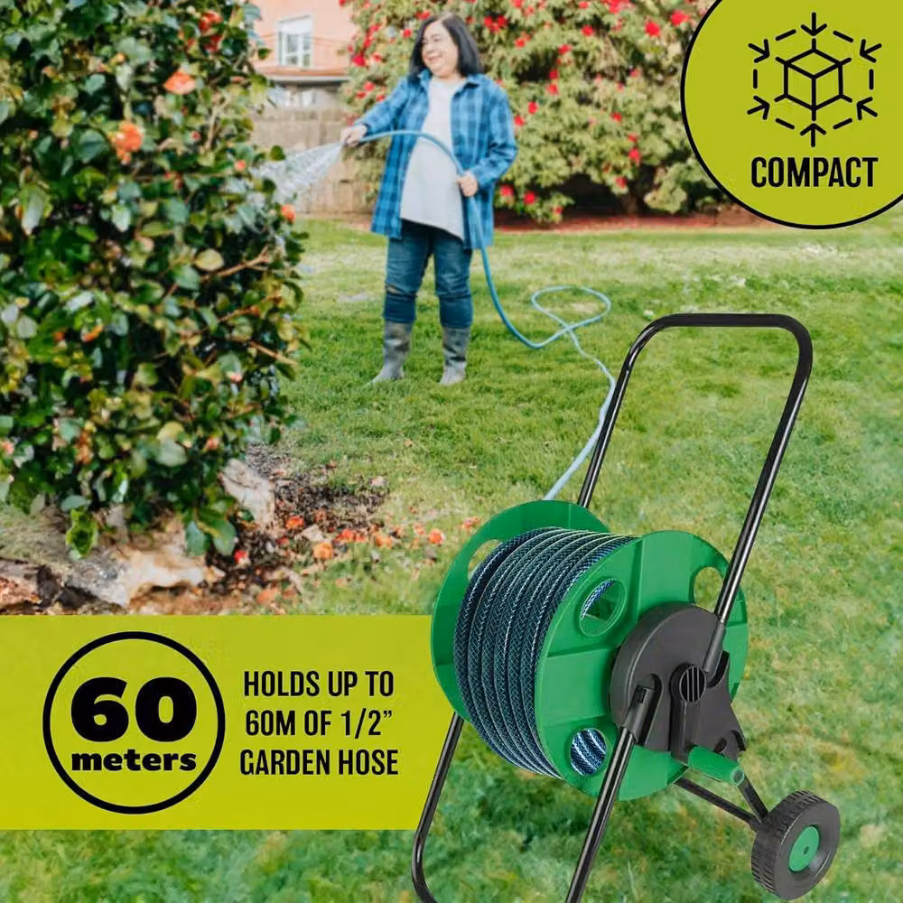 BARGAINS-GALORE Portable Green Garden Hose Reel with Trolley Wheels and Manual Winder – 4