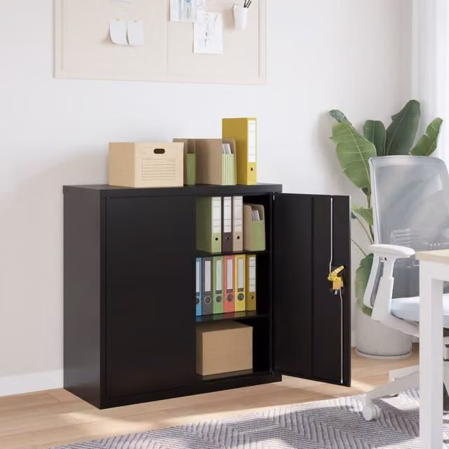 Berkfield Home Black Metal File Cabinet with Hinged Doors and Lock, W/D/H: 90 x 40 x 90 cm – 1