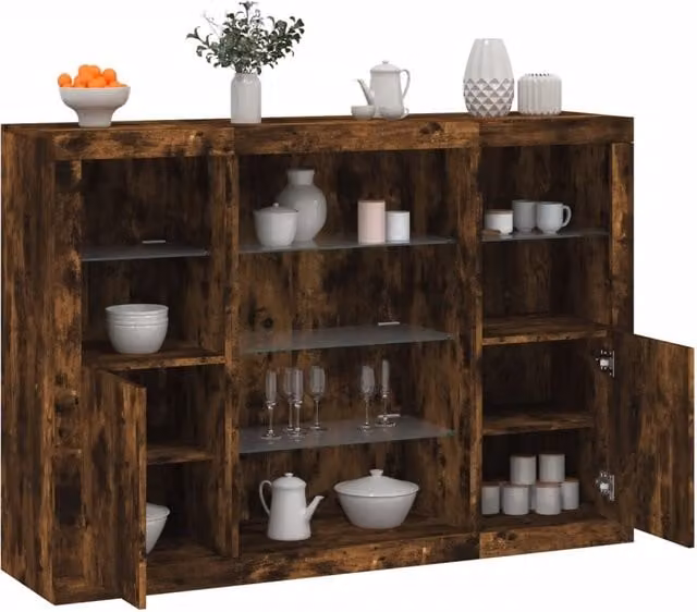 Berkfield Home 3-Piece Smoked Oak Sideboard Set with Integrated LED Lighting in Brown