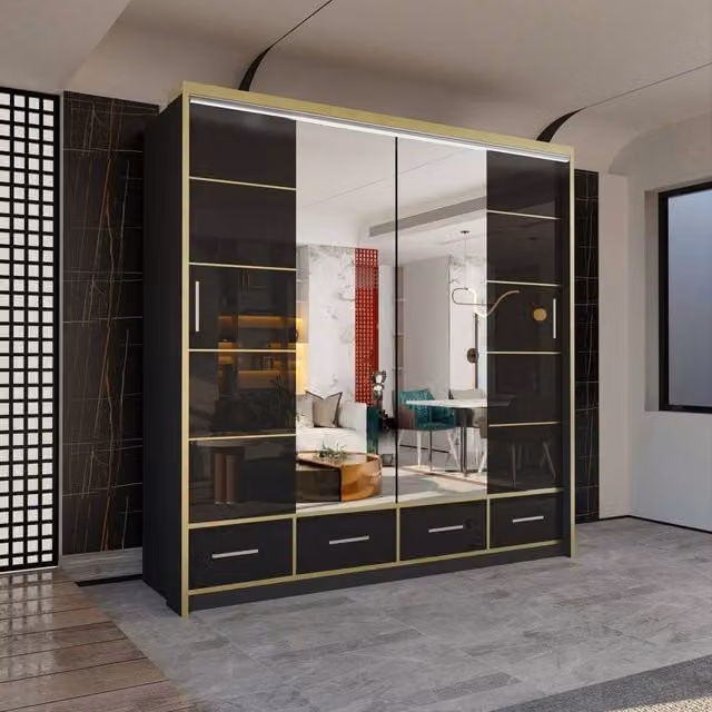 Sliding Wardrobes 4U Modern Gloss Wardrobe with LED Lighting and Mirror Doors, Black, W/H: 220 x 203 cm – 1