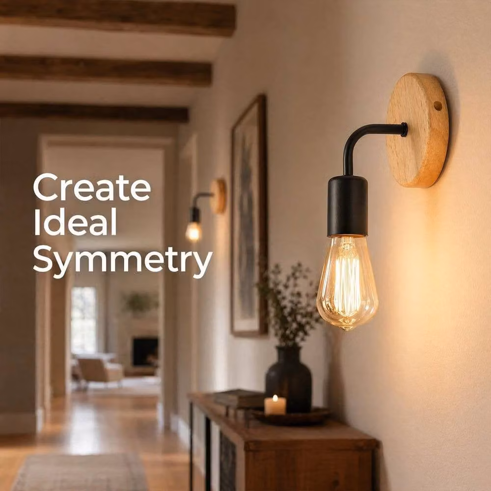 EONLION 2-Pack Vintage Industrial Wood and Metal Wall Sconces in Black with E27 Bulb Holder – 4
