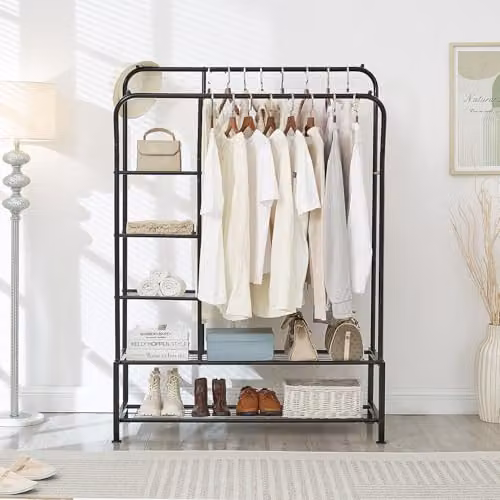 House Of Home Heavy Duty Double Metal Clothes Rail with Shelves, Black, H 160 x W 115 x D 40 cm – 2