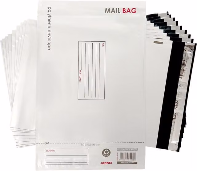 Janrax Pack of 10 Self-Adhesive White Polythene Mailing Bags, W: 24 cm x H: 32 cm