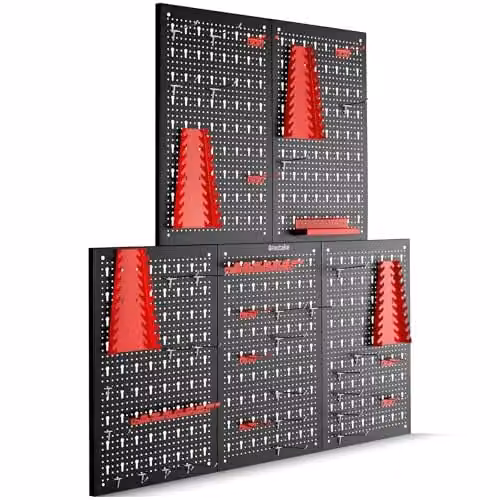 tectake 5-Panel Metal Pegboard Wall-Mounted Tool Organiser with Hooks and Holders in Black and Red