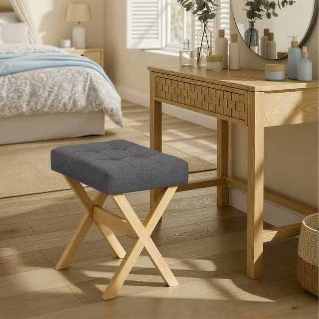 SONGMICS Upholstered Dressing Table Stool with Foot Rest in Slate Grey