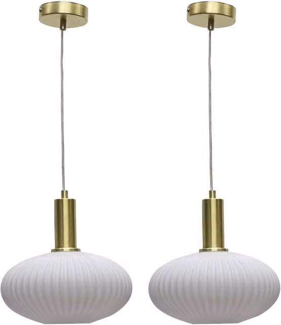 First Choice Lighting Baton Set of 2 Deco Pendant Lights with White Ribbed Oval Glass and Satin Brass Finish
