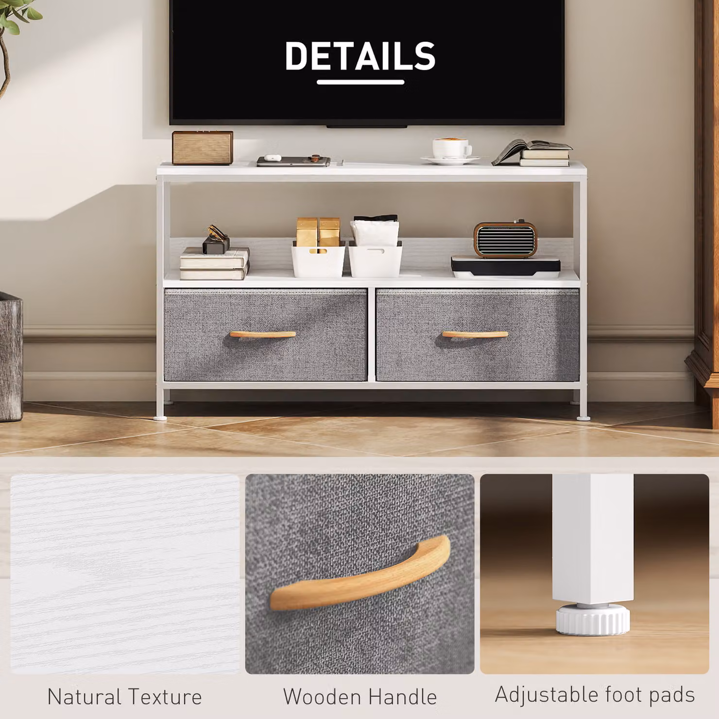 HOMCOM Modern White TV Stand Cabinet with 2 Foldable Drawers – 5