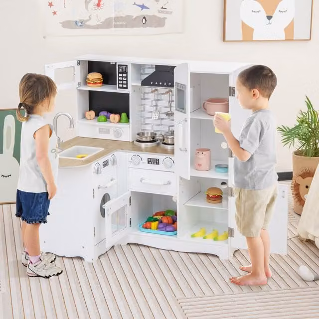 Costway Kids Corner Kitchen Playset in White with Stainless Steel and Metal Accents