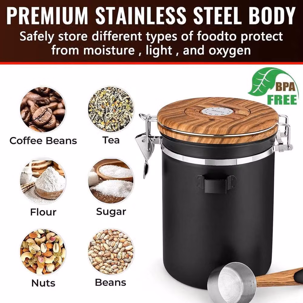 KORVIXA Airtight Stainless Steel Vacuum Coffee Canister, Black, 1.8 l – 3