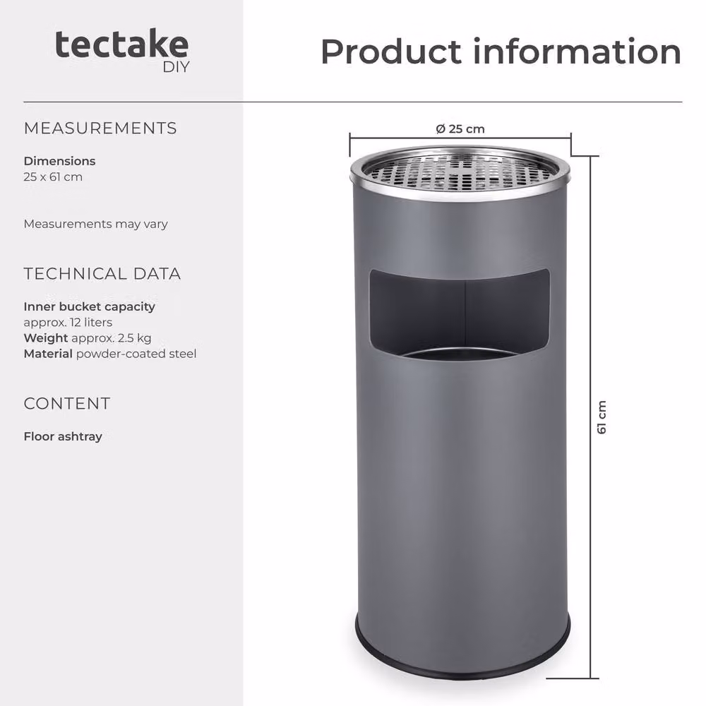 tectake Freestanding Metal Floor-Standing Ashtray in Grey with Removable Inner Bucket, H: 61.0 cm, W: 25.0 cm, D: 2.0 cm – 6
