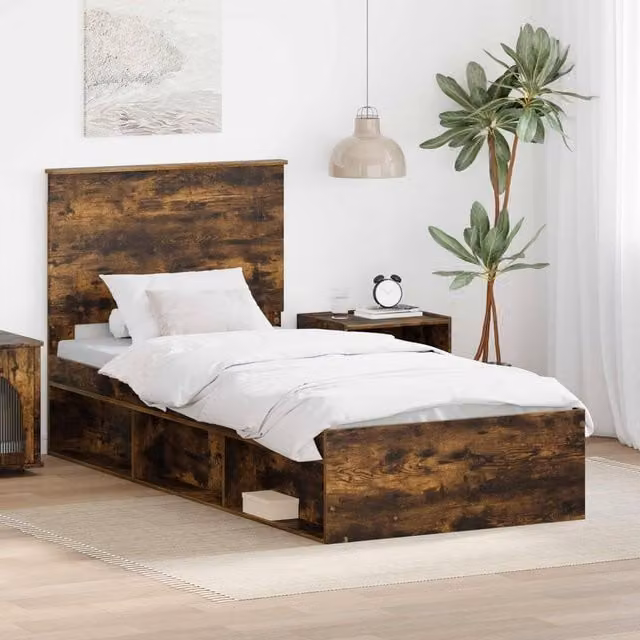Berkfield Home Modern Bed Frame with Drawer in Smoked Oak and Brown Solid Pine Wood, W/D/H: 100 x 200 cm