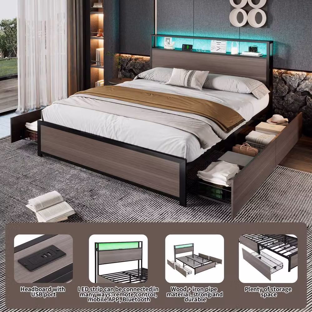 Merax Double Industrial Metal and Wood Bed in Grey and Black with LED Headboard, USB Charging Port and 4 Drawers, W/D/H: 140 x 200 x 135.5 cm – 3