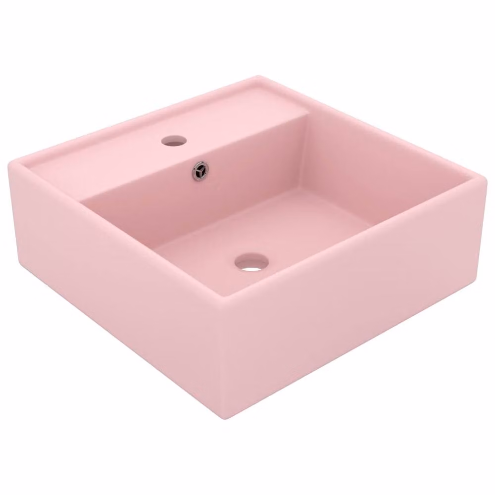 Berkfield Home Luxury Square Ceramic Countertop Basin with Overflow in Matt Pink, W: 41 cm, D: 41 cm, H: 15 cm