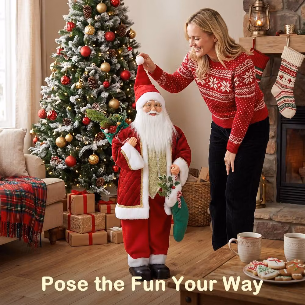 HOMCOM Singing and Dancing Christmas Santa Claus with Stocking and Sack in Red and Gold, Height: 120 cm – 6