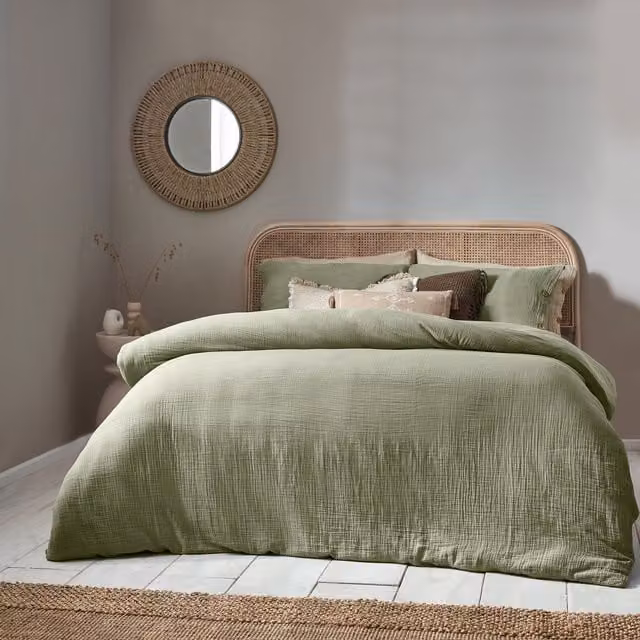 Lark Muslin Cotton Duvet Cover Set in Eucalyptus Green, King Size