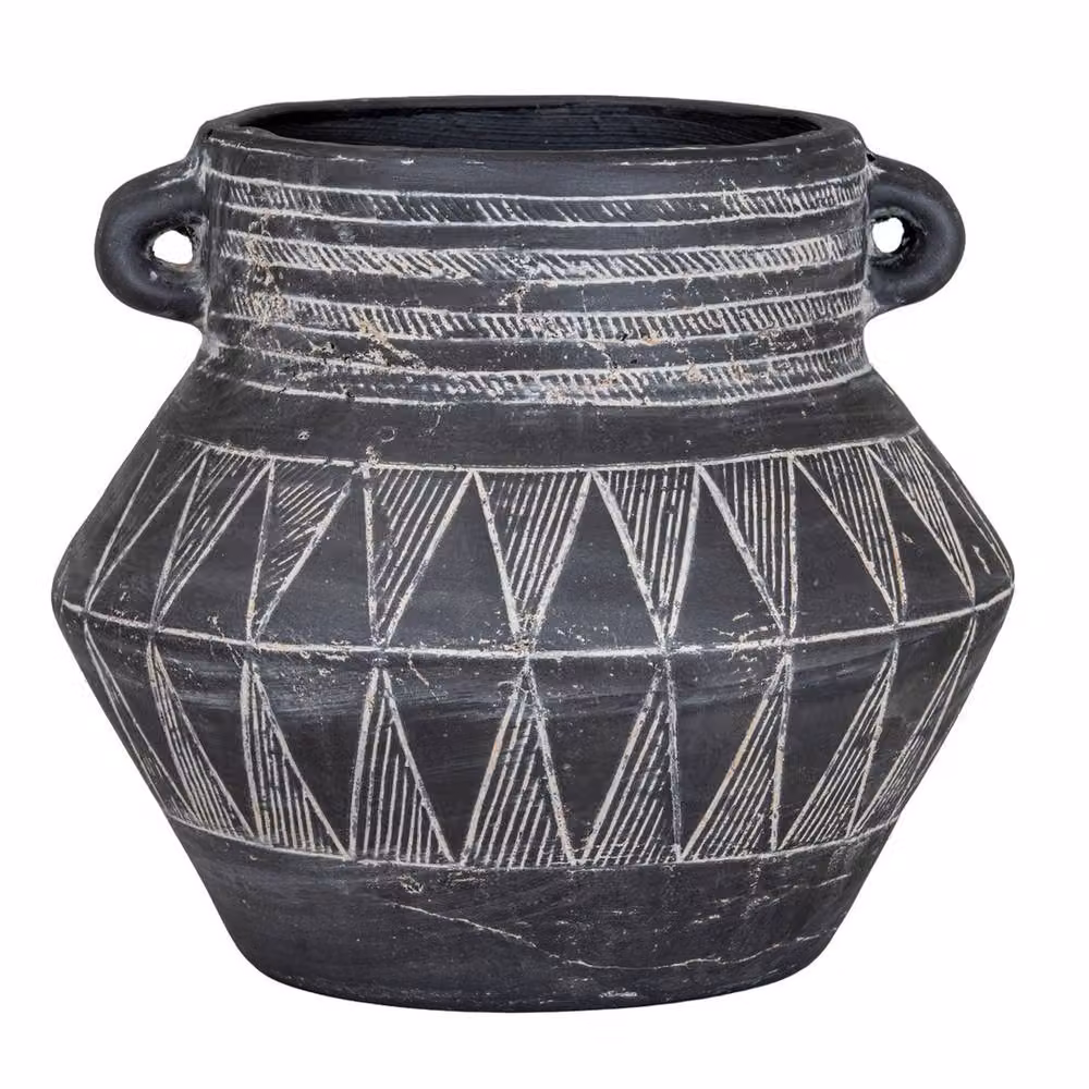 Lemon Pavilion Etched Collection Tall Ceramic Pot with Handle, Black, W: 27 cm, D: 27 cm, H: 24 cm – 2