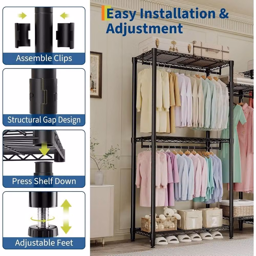 Havendro Black Metal Freestanding Clothes Rack with 6 Shelves and 5 Hanging Rods, H 76.5 cm x L 73.6 cm – 4