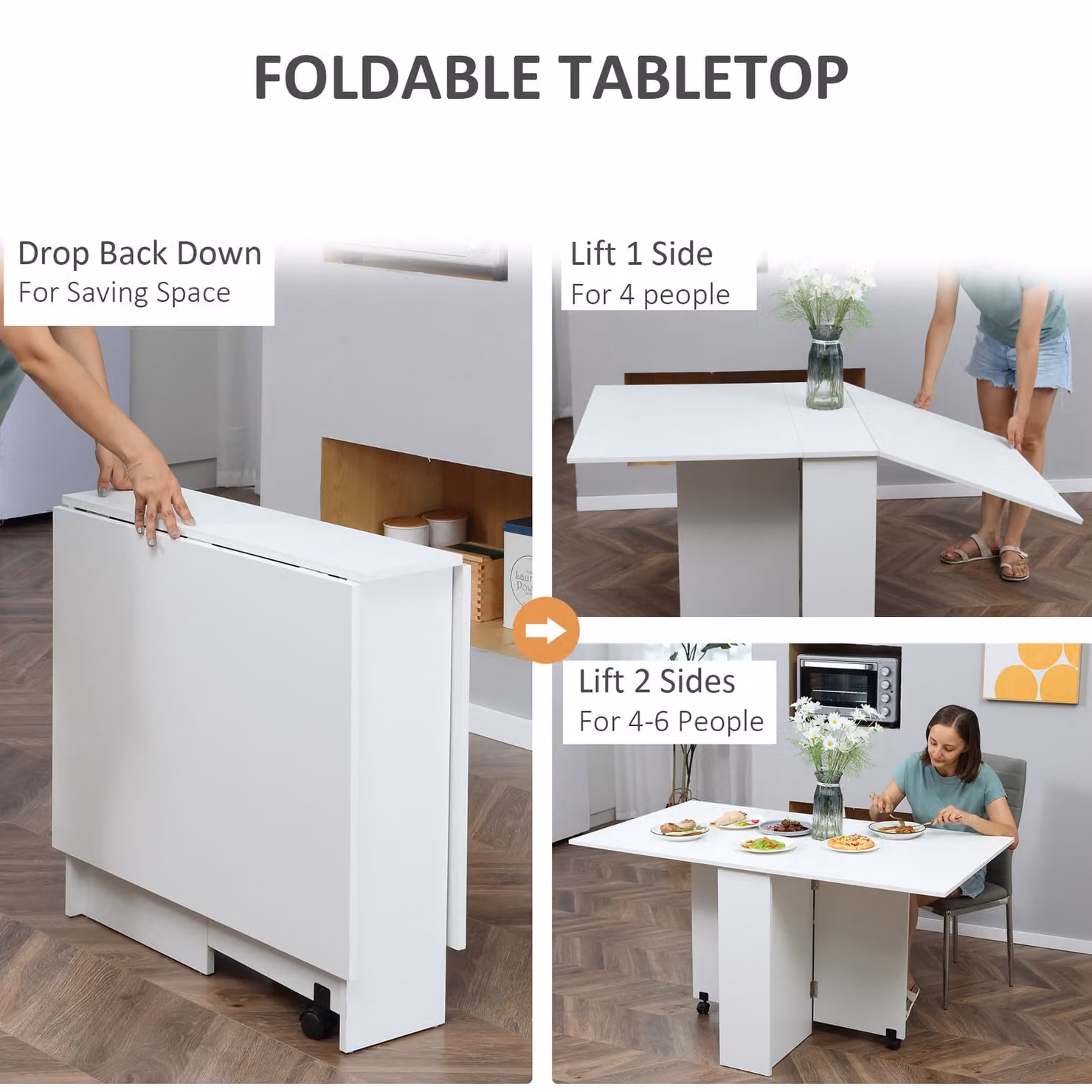HOMCOM Mobile Drop Leaf Dining Table with Castors and Storage Shelves, White, W/D/H: 140 x 74 x 25.5 cm – 3