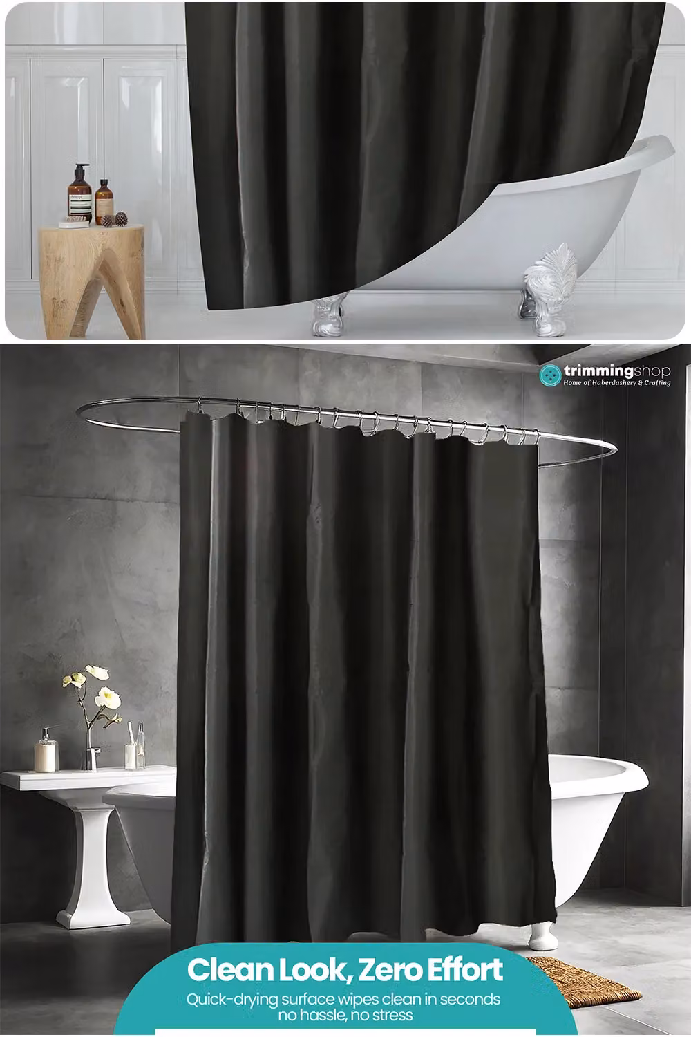 Neel Blue Waterproof PEVA Shower Curtain in Black with 12 Hooks, Mould and Mildew Resistant, W/D/H: 180 x 180 x 180 cm – 2