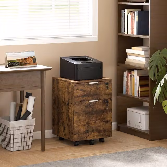 HOMCOM 2 Drawer Brown Industrial Filing Cabinet with Lock and Castors