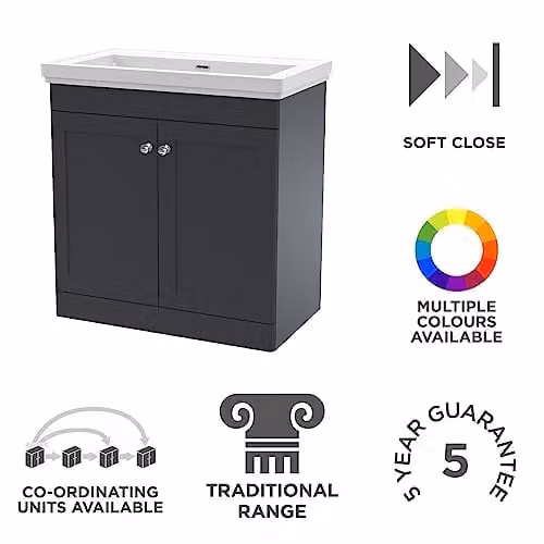 nuie Classique Traditional 2 Door Floor Standing Bathroom Vanity Unit and 0 Tap Hole Fireclay Basin, Soft Black – 2