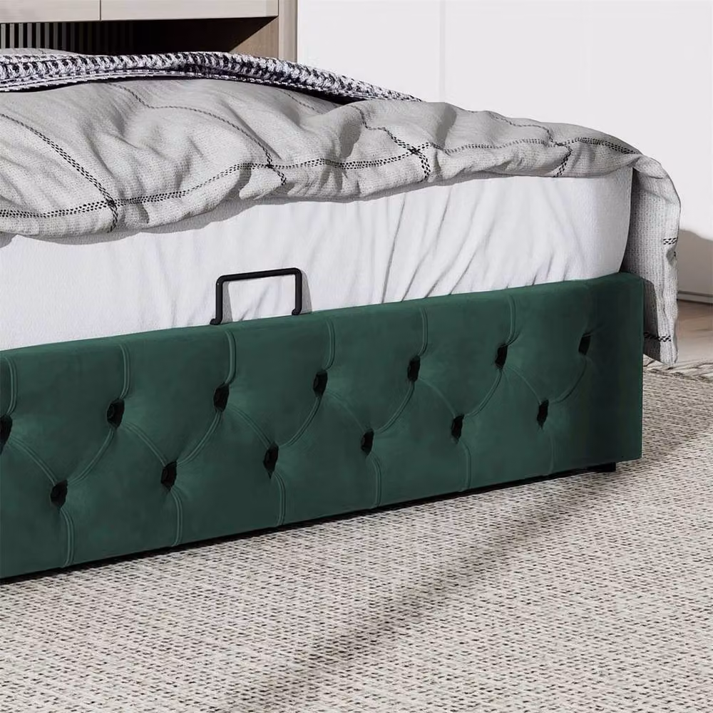 PAWNORA Green Velvet Upholstered Double Bed Frame with Gas Lift Storage, W/D/H: 140 x 200 cm – 4