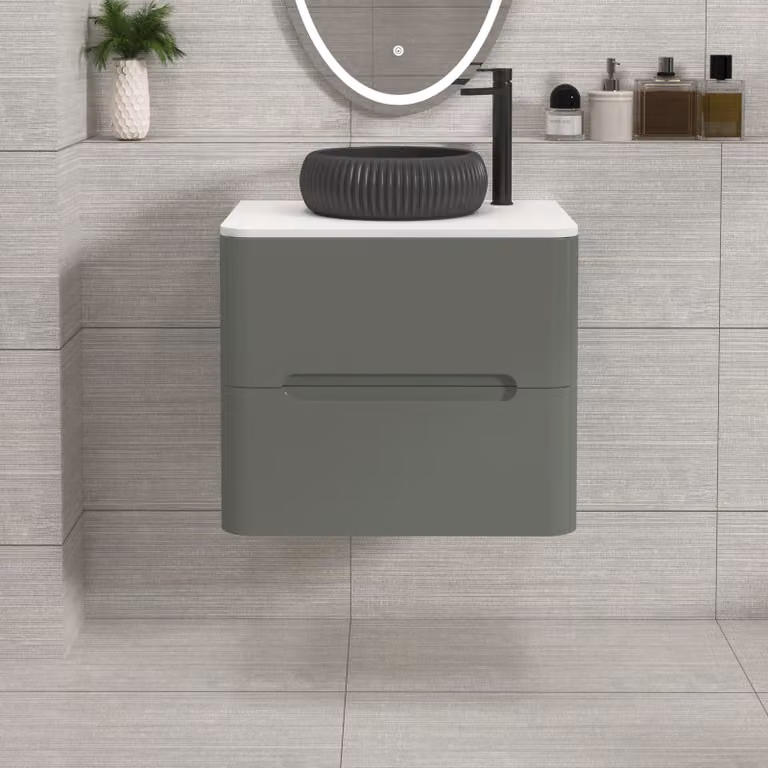 Royal Bathrooms Venice Wall Hung Vanity Unit with 2 Drawers, Sage Green, Plain White Worktop and Milan Black Basin, Width: 60 cm