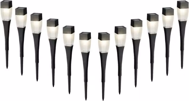 Lumineo Solar Powered Square LED Garden Pathway Stake Light with Dusk Sensor, Warm White, Black (Pack of 12)